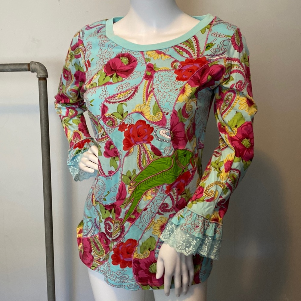 Inner Child Long Sleeve Floral and Paisley Tee with Embroidered Parrot and Lace